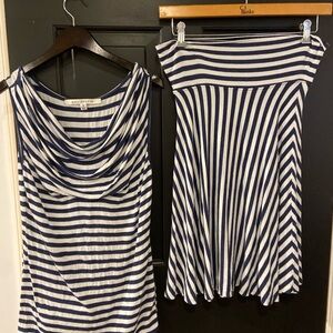 Max Studio Navy and White Striped Skater Skirt